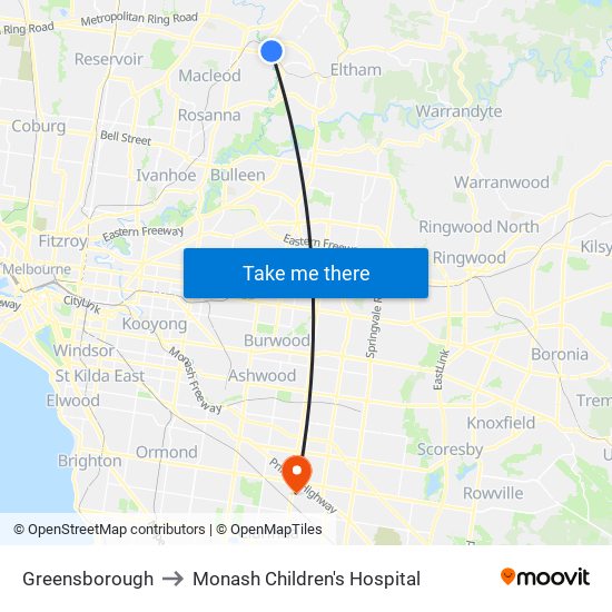 Greensborough to Monash Children's Hospital map