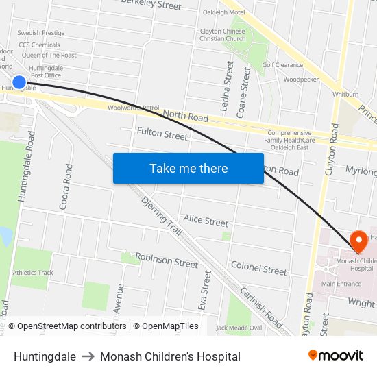 Huntingdale to Monash Children's Hospital map