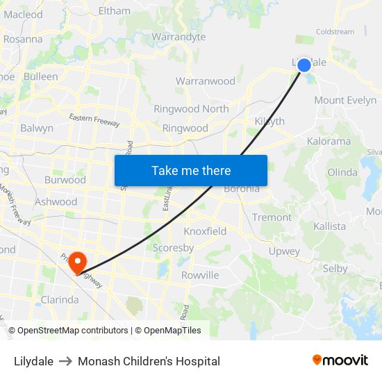 Lilydale to Monash Children's Hospital map