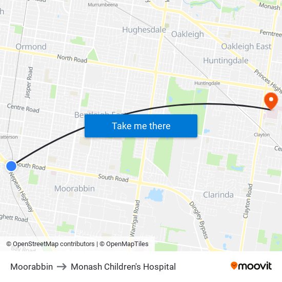 Moorabbin to Monash Children's Hospital map