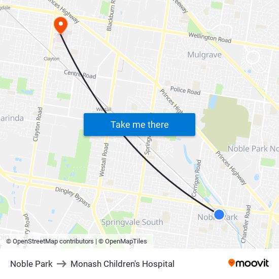 Noble Park to Monash Children's Hospital map