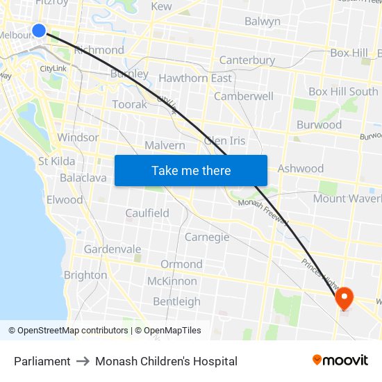 Parliament to Monash Children's Hospital map