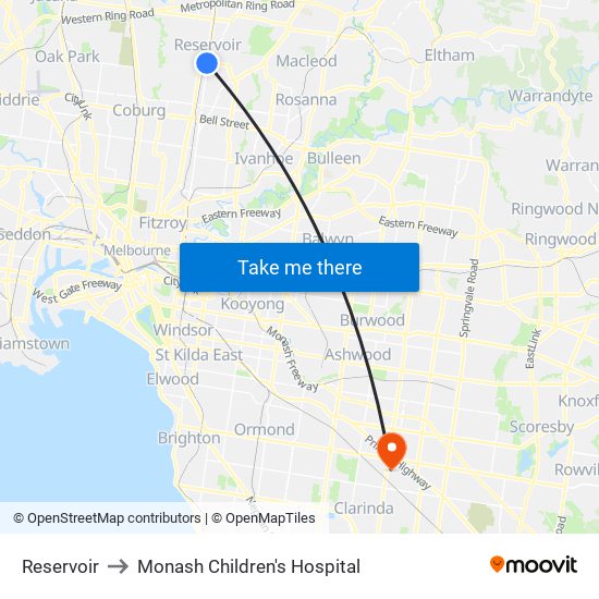 Reservoir to Monash Children's Hospital map