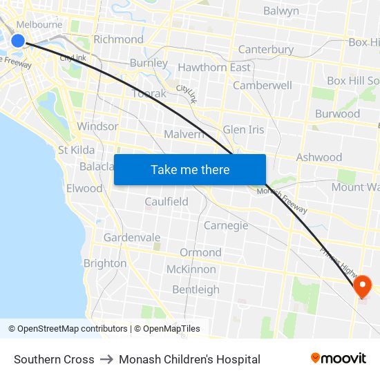 Southern Cross to Monash Children's Hospital map