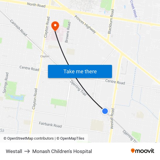 Westall to Monash Children's Hospital map