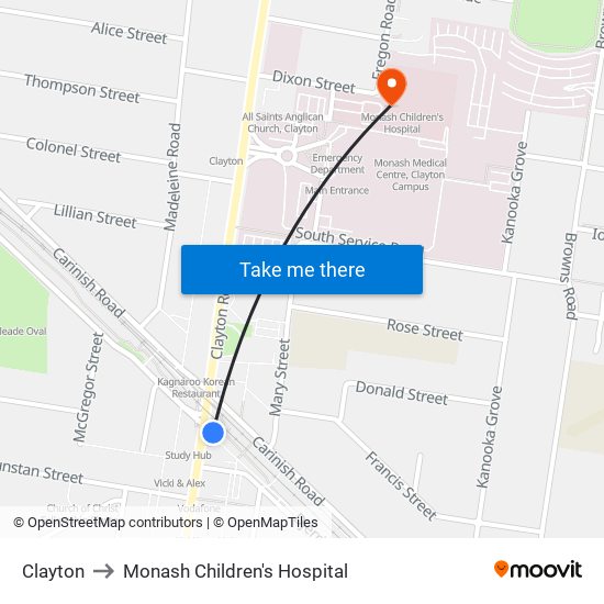 Clayton to Monash Children's Hospital map