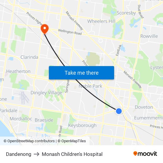 Dandenong to Monash Children's Hospital map