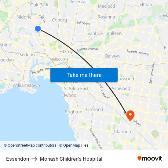 Essendon to Monash Children's Hospital map