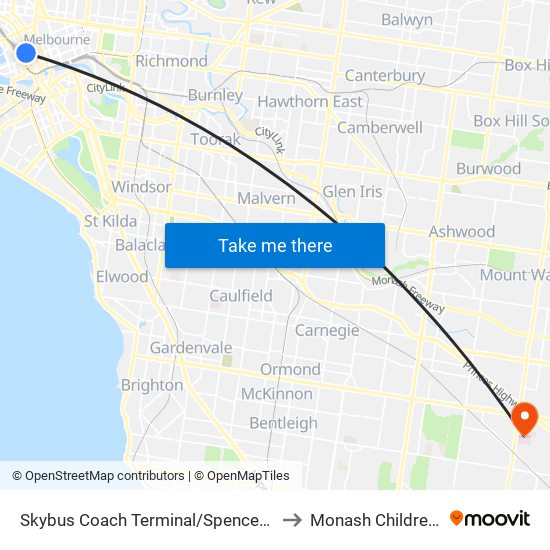 Skybus Coach Terminal/Spencer St (Melbourne City) to Monash Children's Hospital map