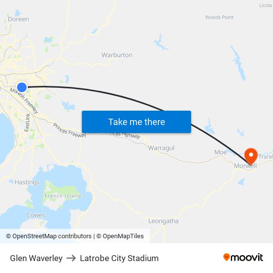 Glen Waverley to Latrobe City Stadium map