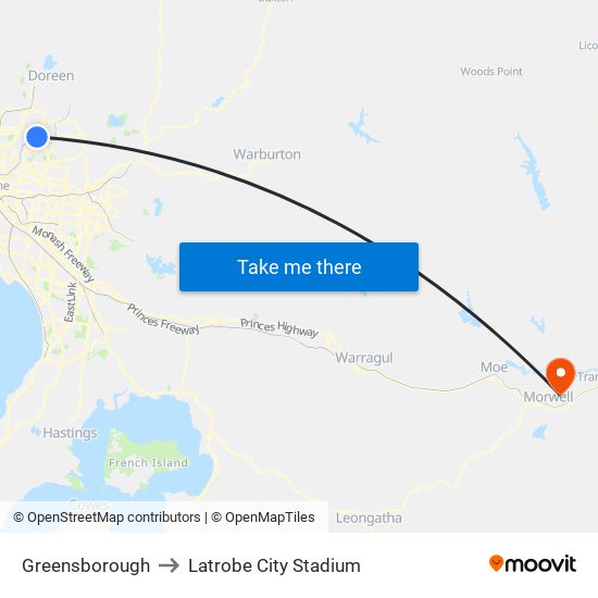 Greensborough to Latrobe City Stadium map