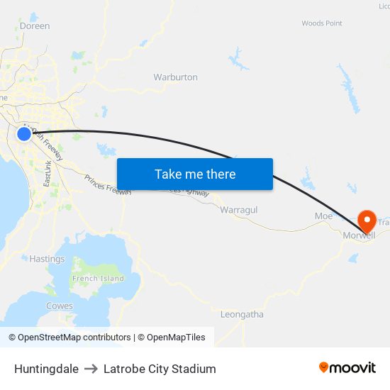 Huntingdale to Latrobe City Stadium map