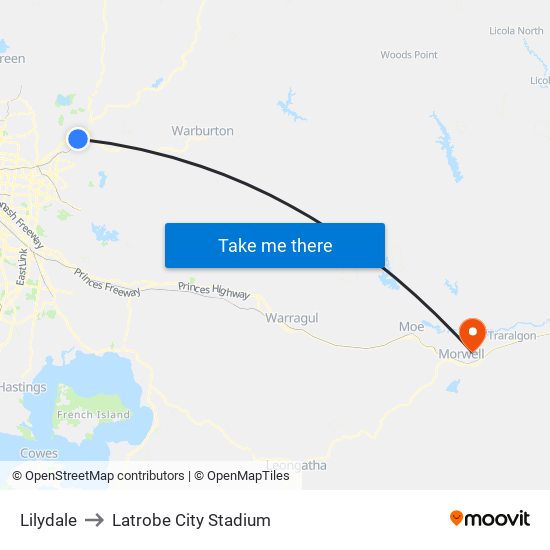 Lilydale to Latrobe City Stadium map