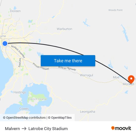 Malvern to Latrobe City Stadium map