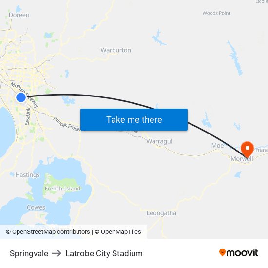 Springvale to Latrobe City Stadium map