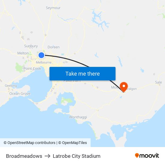 Broadmeadows to Latrobe City Stadium map