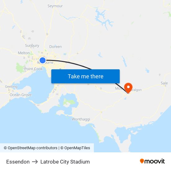 Essendon to Latrobe City Stadium map