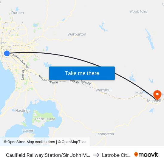 Caulfield Railway Station/Sir John Monash Dr (Caulfield East) to Latrobe City Stadium map