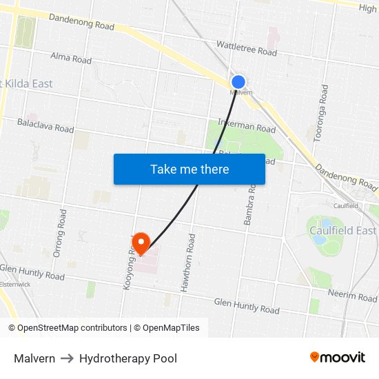 Malvern to Hydrotherapy Pool map