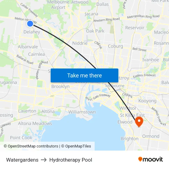 Watergardens to Hydrotherapy Pool map