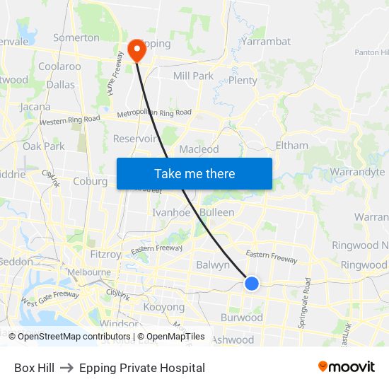 Box Hill to Epping Private Hospital map