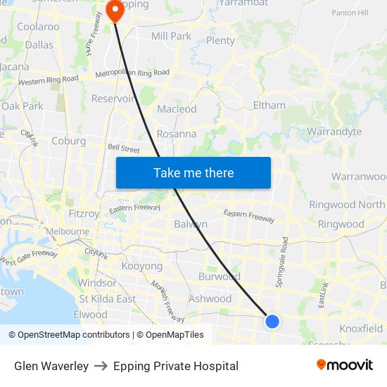 Glen Waverley to Epping Private Hospital map