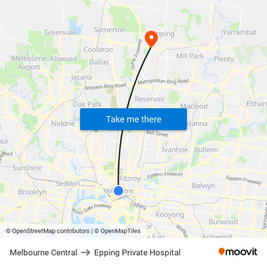 Melbourne Central to Epping Private Hospital map