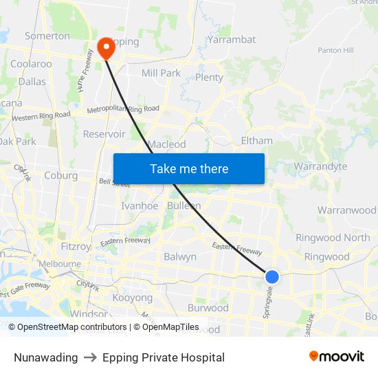 Nunawading to Epping Private Hospital map