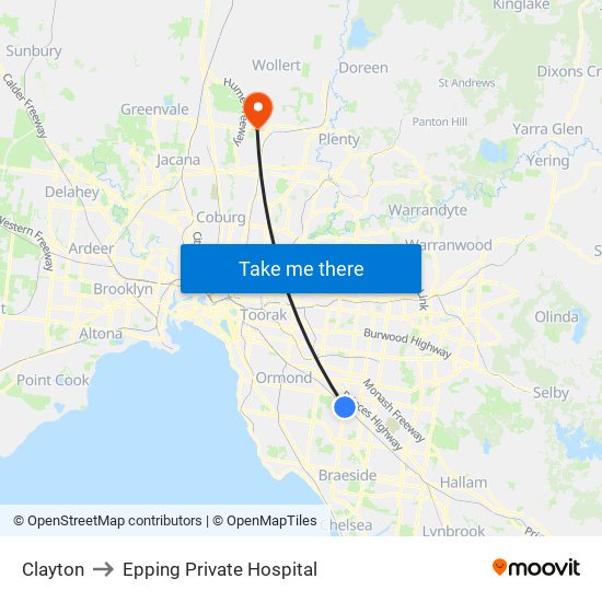 Clayton to Epping Private Hospital map