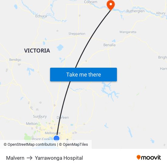 Malvern to Yarrawonga Hospital map