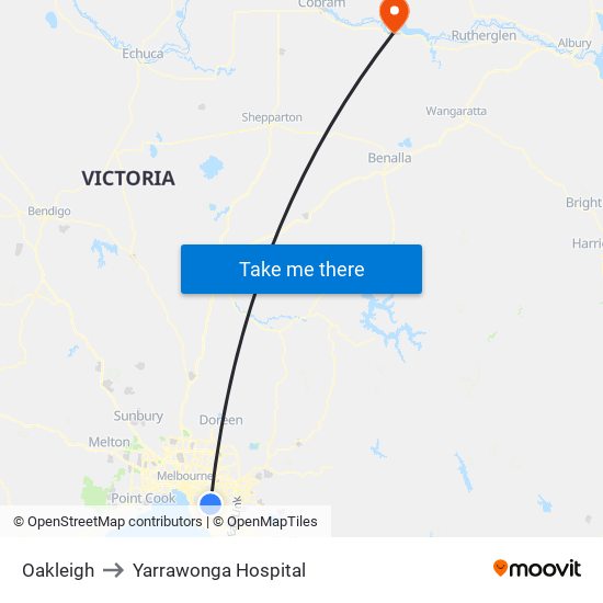 Oakleigh to Yarrawonga Hospital map