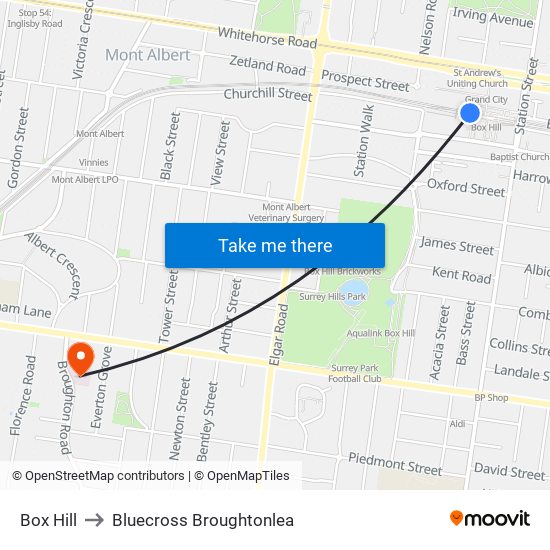 Box Hill to Bluecross Broughtonlea map