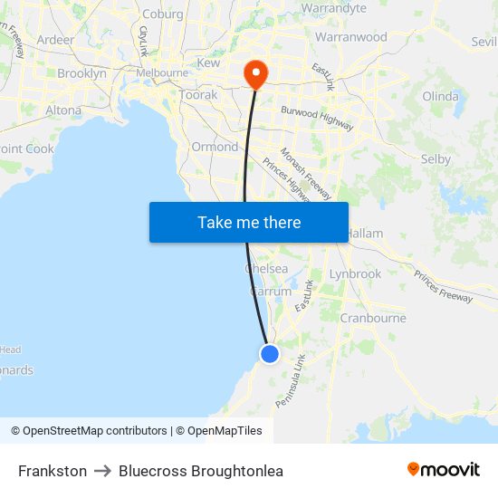 Frankston to Bluecross Broughtonlea map