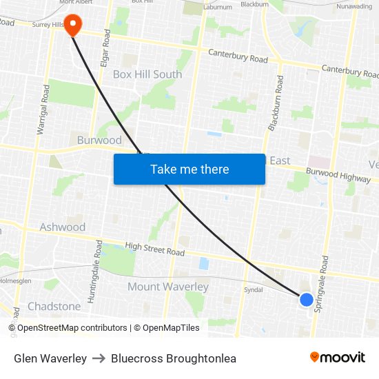 Glen Waverley to Bluecross Broughtonlea map