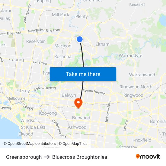 Greensborough to Bluecross Broughtonlea map