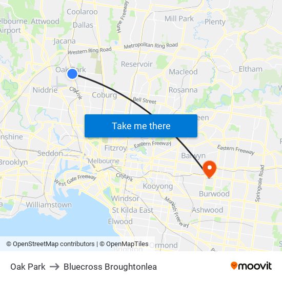 Oak Park to Bluecross Broughtonlea map