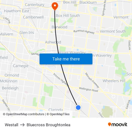 Westall to Bluecross Broughtonlea map