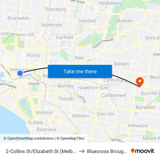 2-Collins St/Elizabeth St (Melbourne City) to Bluecross Broughtonlea map