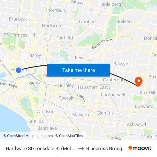 Hardware St/Lonsdale St (Melbourne City) to Bluecross Broughtonlea map