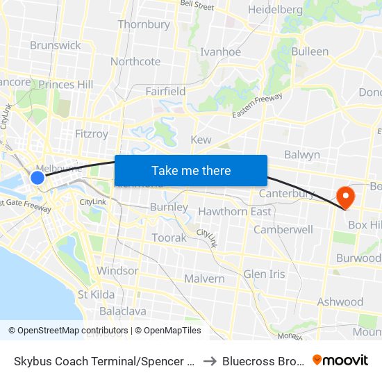 Skybus Coach Terminal/Spencer St (Melbourne City) to Bluecross Broughtonlea map