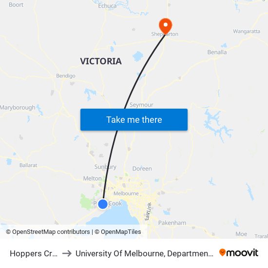 Hoppers Crossing to University Of Melbourne, Department Of Rural Health map