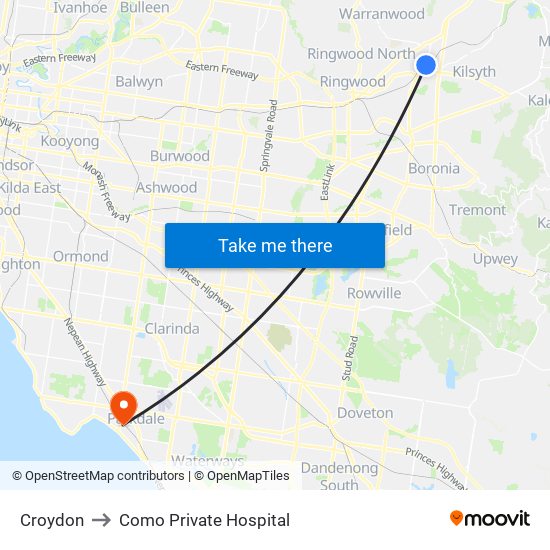 Croydon to Como Private Hospital map