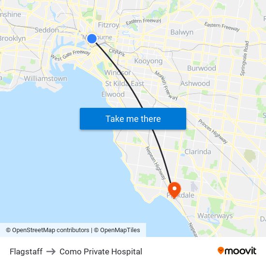 Flagstaff to Como Private Hospital map