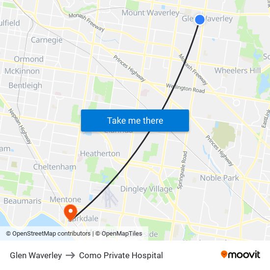 Glen Waverley to Como Private Hospital map