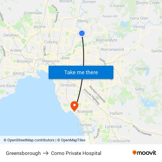 Greensborough to Como Private Hospital map