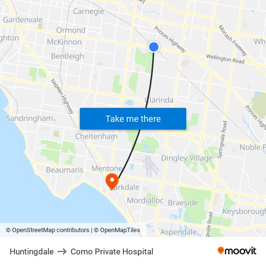 Huntingdale to Como Private Hospital map