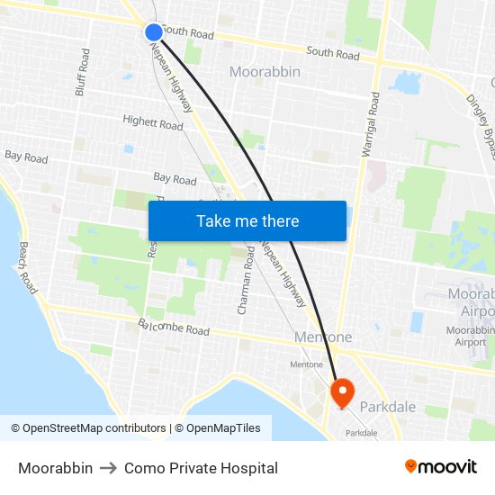 Moorabbin to Como Private Hospital map