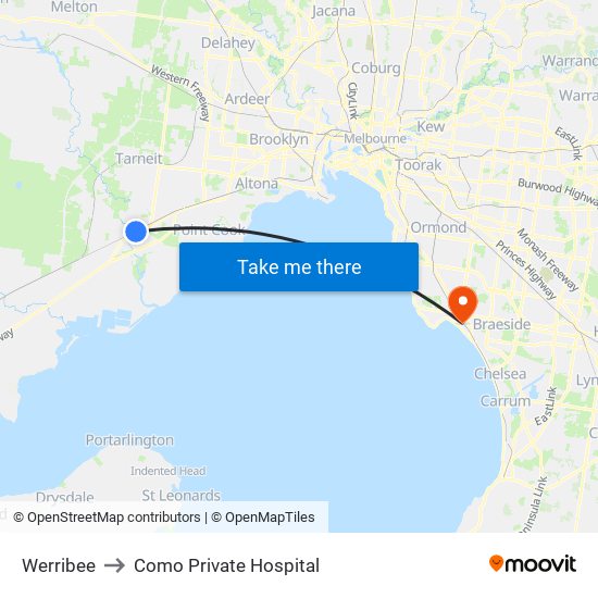 Werribee to Como Private Hospital map