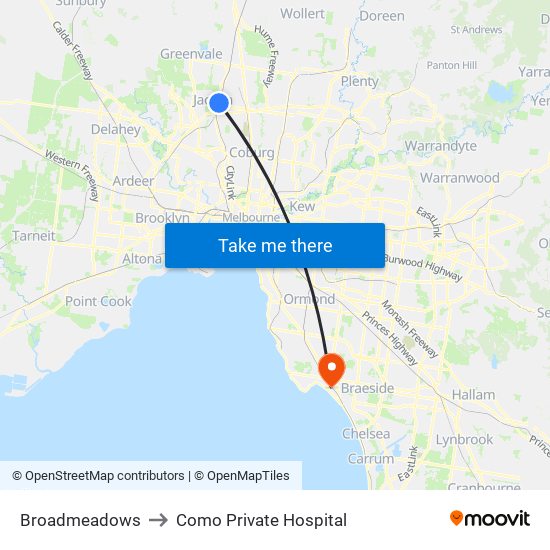 Broadmeadows to Como Private Hospital map