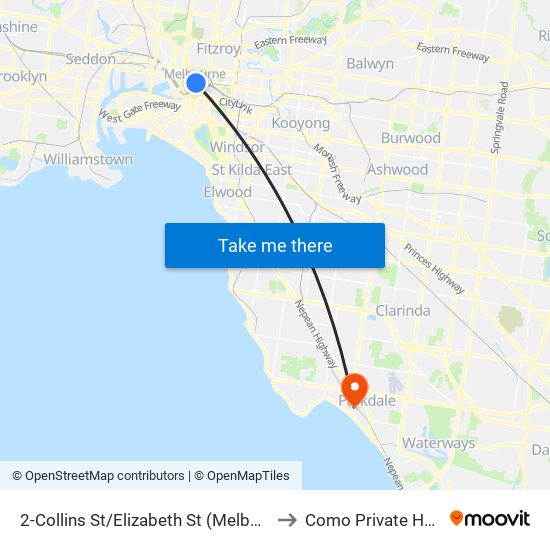 2-Collins St/Elizabeth St (Melbourne City) to Como Private Hospital map